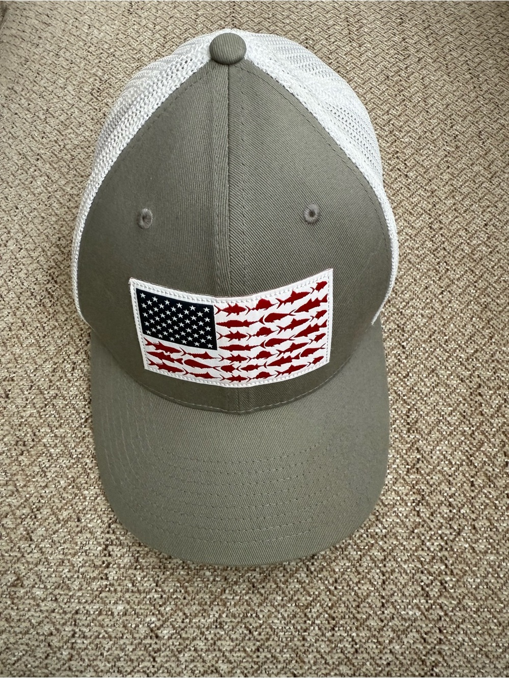 Olive Green Mesh-Back Trucker Hat PFG Columbia with Fish American Flag Patch